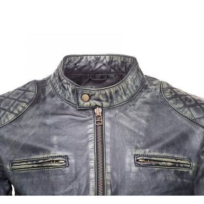Men’s Black Stone Wash Café Racer Leather Jacket Modern Retro Biker Look