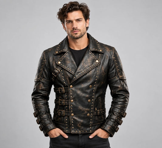 Men's Black Studded Buckled Gothic Leather Jacket front view by avanzar leather