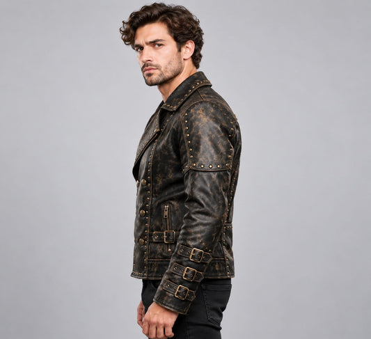 Men's Black Studded Buckled Gothic Leather Jacket sid view by avanzar leather