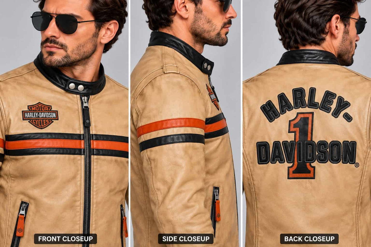 Men's Black & Tan Perforated Leather Racing Jacket – Inspired by Harley-Davidson closeup view by avanzar leather