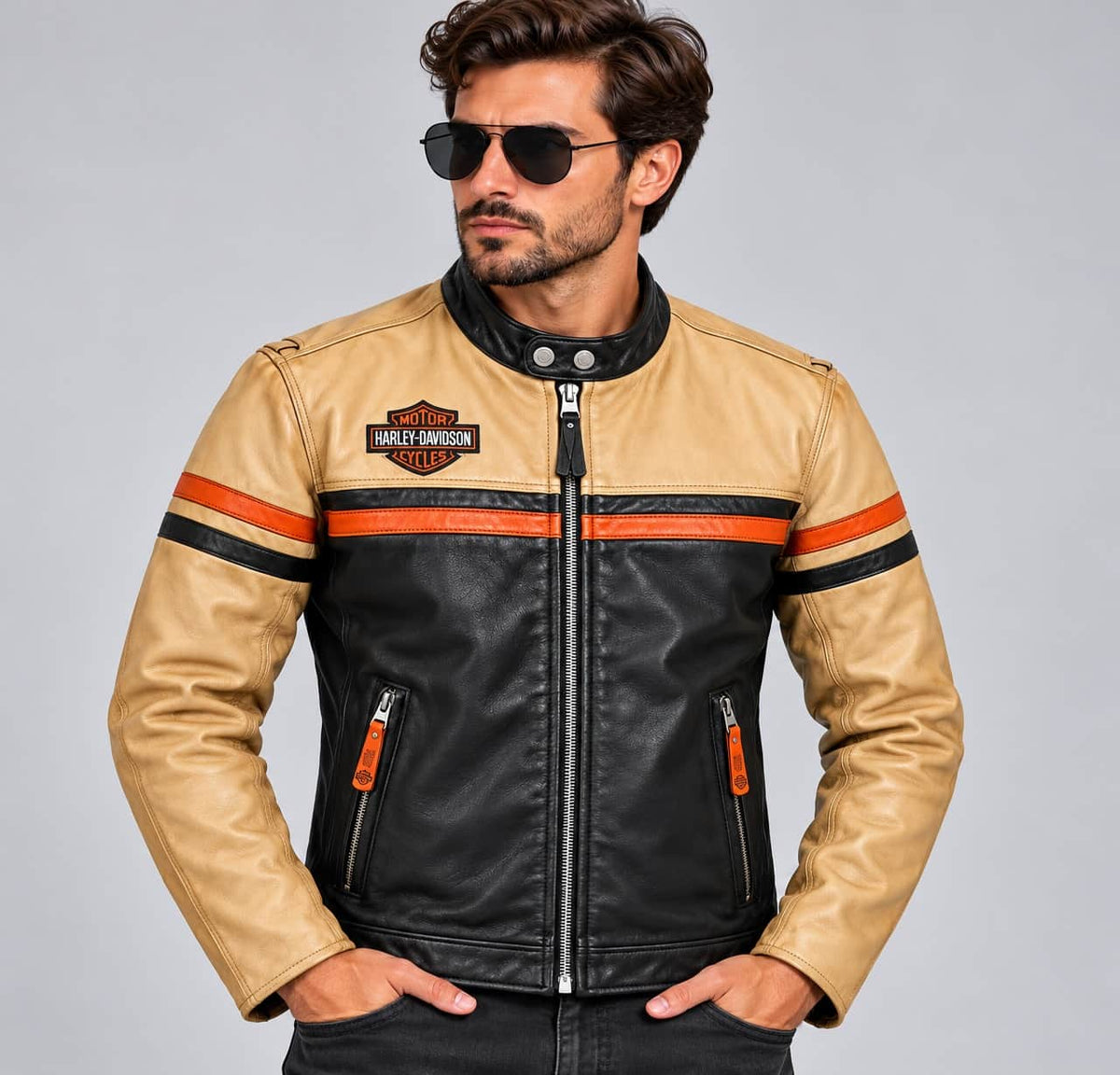 Men's Black & Tan Perforated Leather Racing Jacket – Inspired by Harley-Davidson front view by avanzar leather