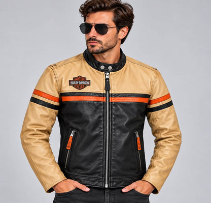 Men's Black & Tan Perforated Leather Racing Jacket – Inspired by Harley-Davidson front view by avanzar leather