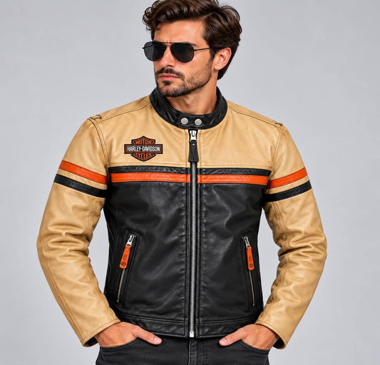 Men's Black & Tan Perforated Leather Racing Jacket – Inspired by Harley-Davidson front view by avanzar leather