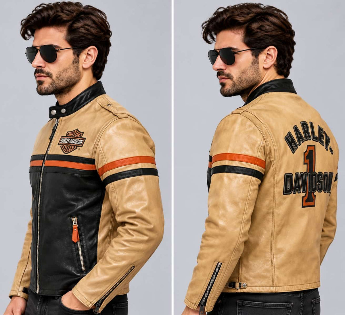 Men's Black & Tan Perforated Leather Racing Jacket – Inspired by Harley-Davidson sid view by avanzar leather