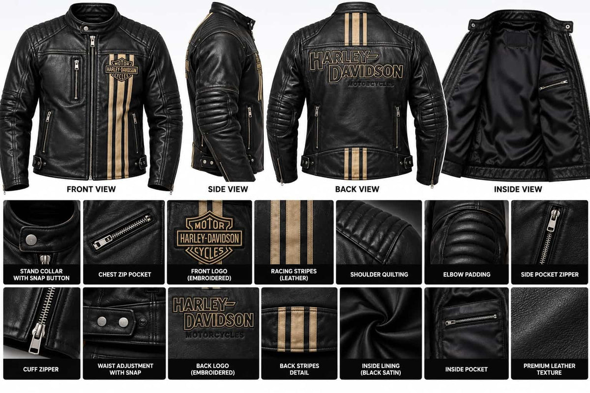 Men's Black Triple Vent Leather Riding Jacket – Inspired by Harley-Davidson anatomy view by avanzar leather