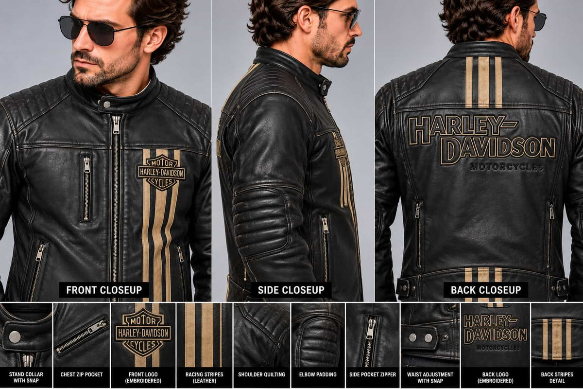 Men's Black Triple Vent Leather Riding Jacket – Inspired by Harley-Davidson closeup view by avanzar leather