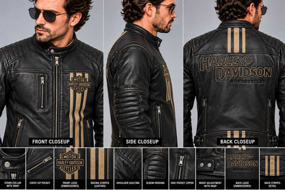Men's Black Triple Vent Leather Riding Jacket – Inspired by Harley-Davidson closeup view by avanzar leather