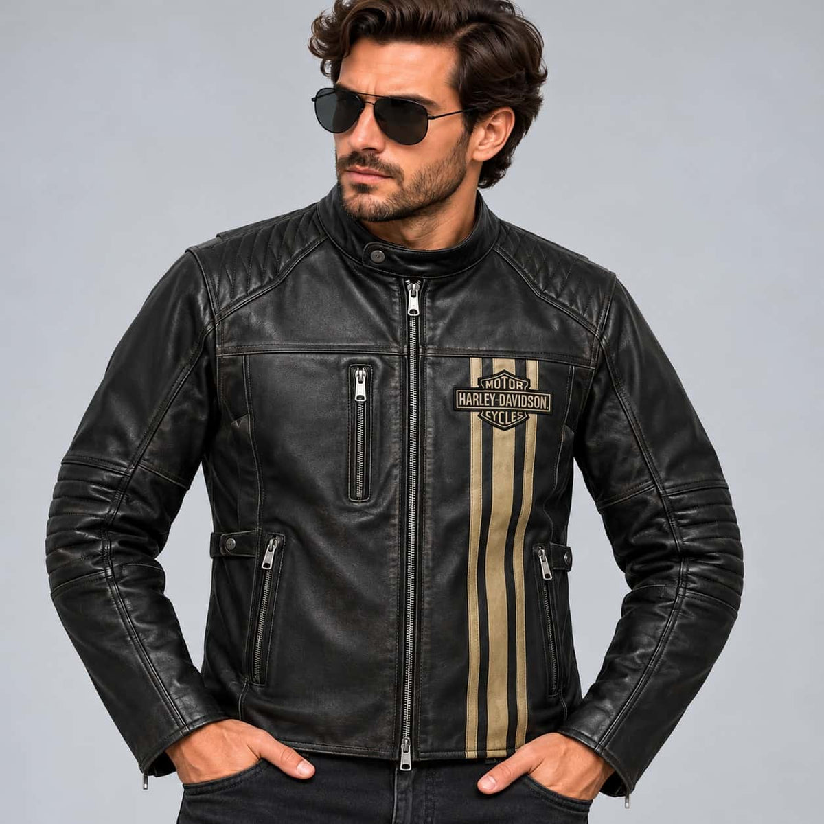 Men's Black Triple Vent Leather Riding Jacket – Inspired by Harley-Davidson front view by avanzar leather