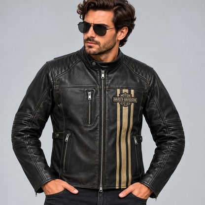 Men's Black Triple Vent Leather Riding Jacket – Inspired by Harley-Davidson front view by avanzar leather