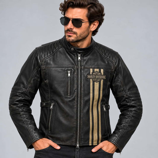 Men's Black Triple Vent Leather Riding Jacket – Inspired by Harley-Davidson front view by avanzar leather