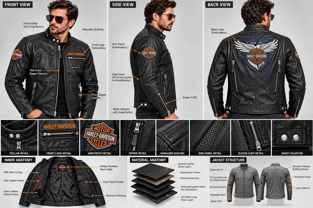 Men's Black Vintage Anniversary-Style Leather Racing Jacket – Inspired by Harley-Davidson anatomy view by avanzar leather