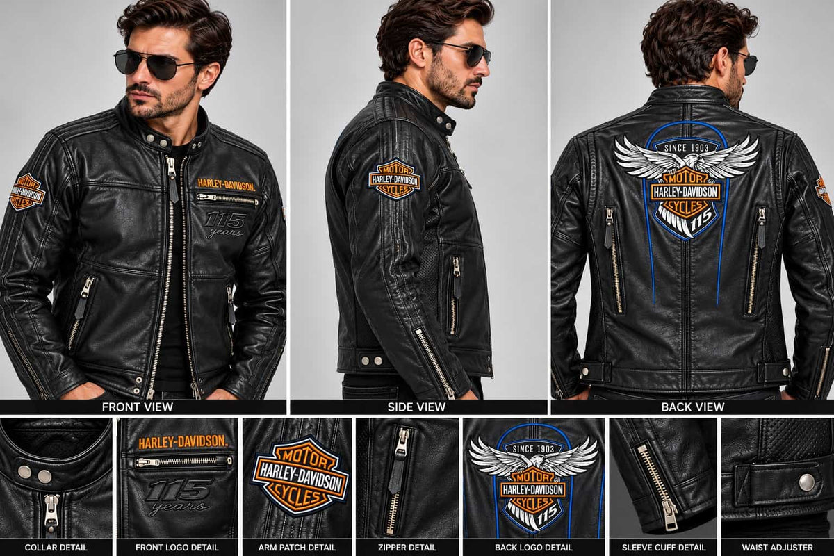 Men's Black Vintage Anniversary-Style Leather Racing Jacket – Inspired by Harley-Davidson closeup view by avanzar leather