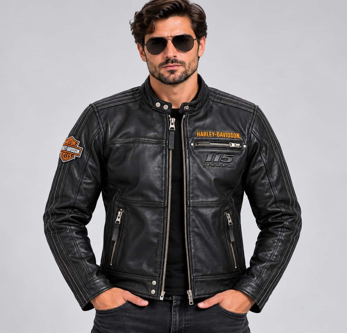 Men's Black Vintage Anniversary-Style Leather Racing Jacket – Inspired by Harley-Davidson front view by avanzar leather
