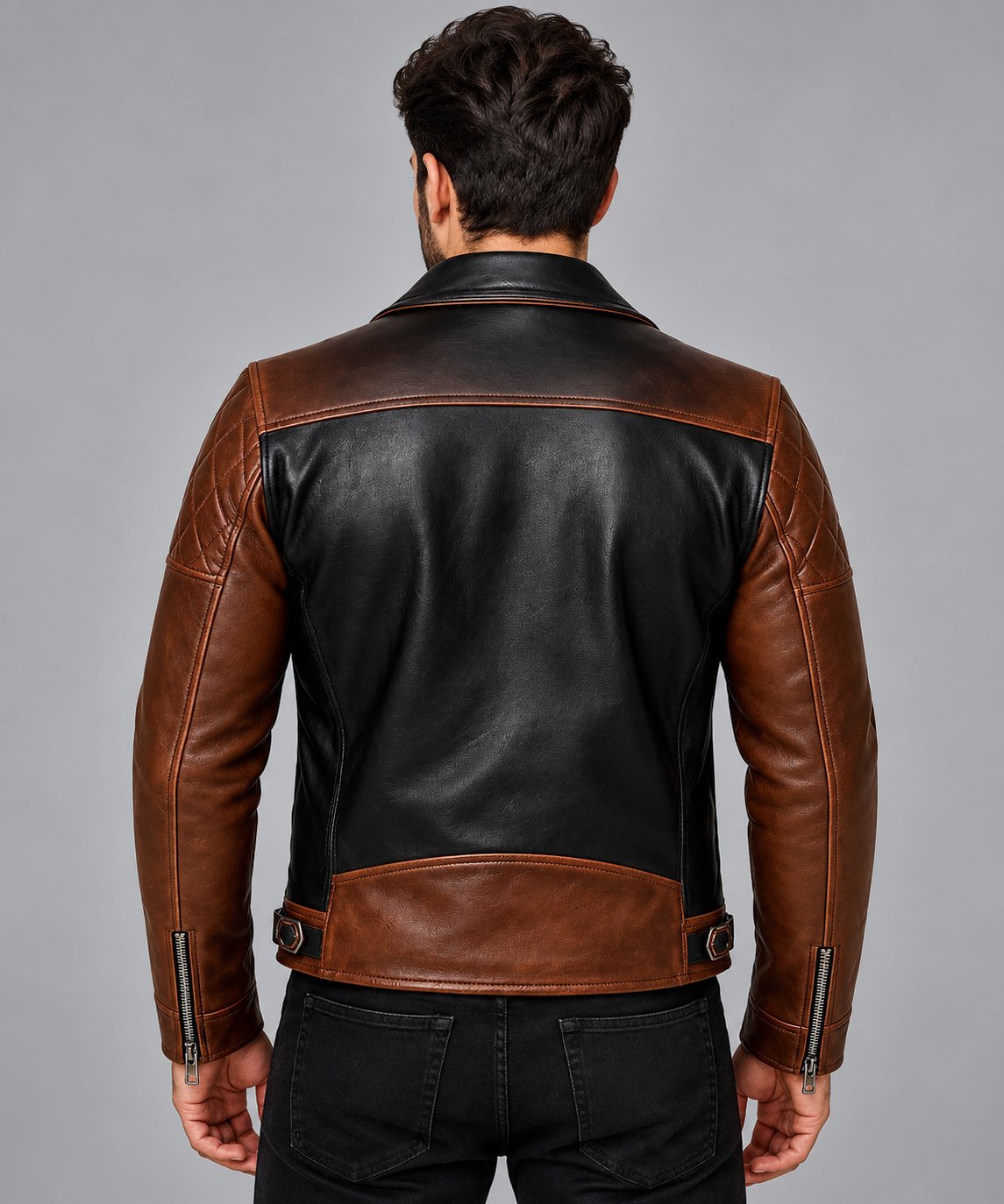 Men’s Black and Brown Two-Tone Genuine Leather Biker Jacket back view by avanzar leather