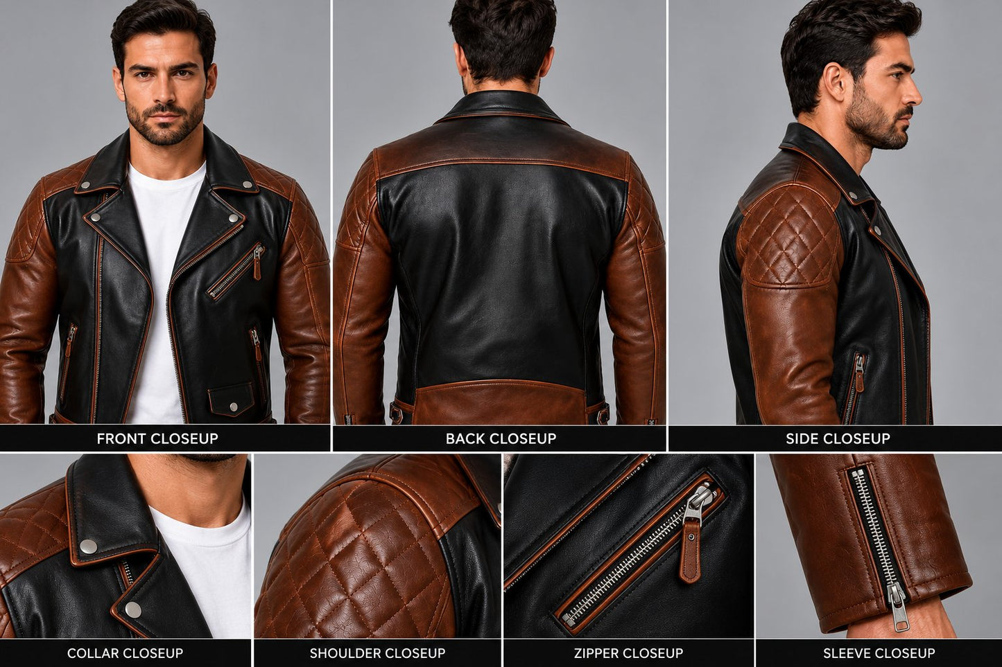 Men’s Black and Brown Two-Tone Genuine Leather Biker Jacket closeup view by avanzar leather