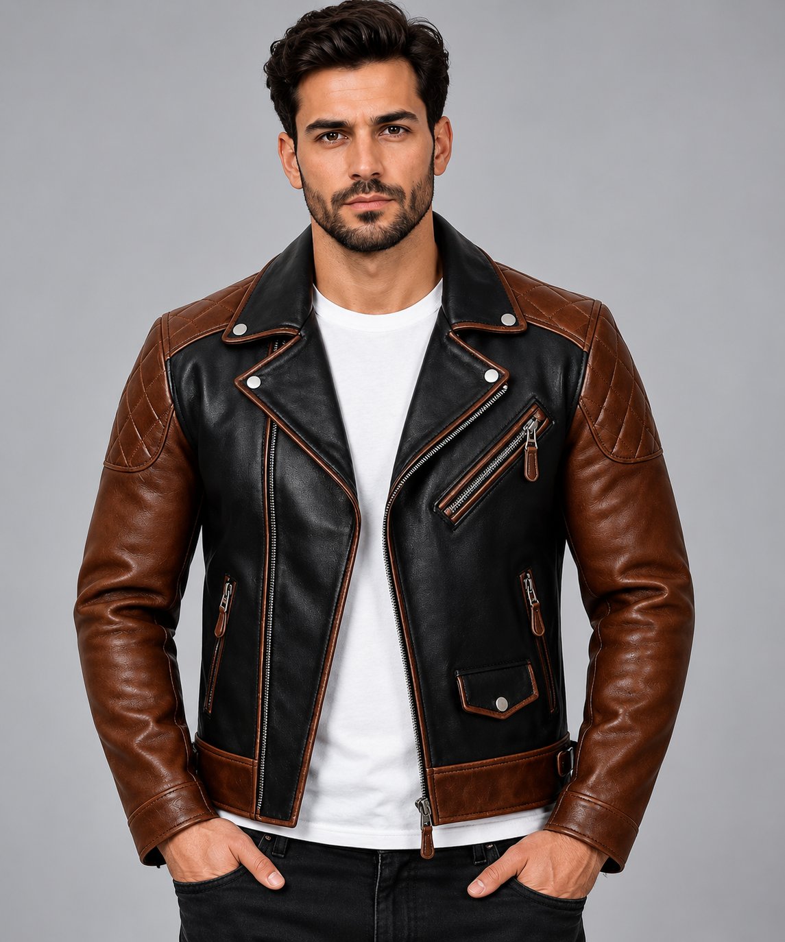Men’s Black and Brown Two-Tone Genuine Leather Biker Jacket front view by avanzar leather