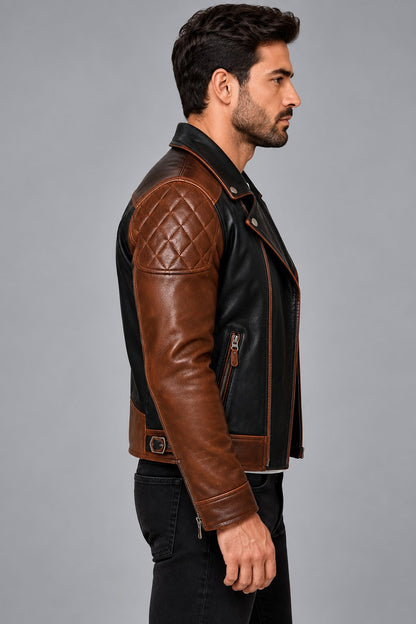 Men’s Black and Brown Two-Tone Genuine Leather Biker Jacket sid view by avanzar leather
