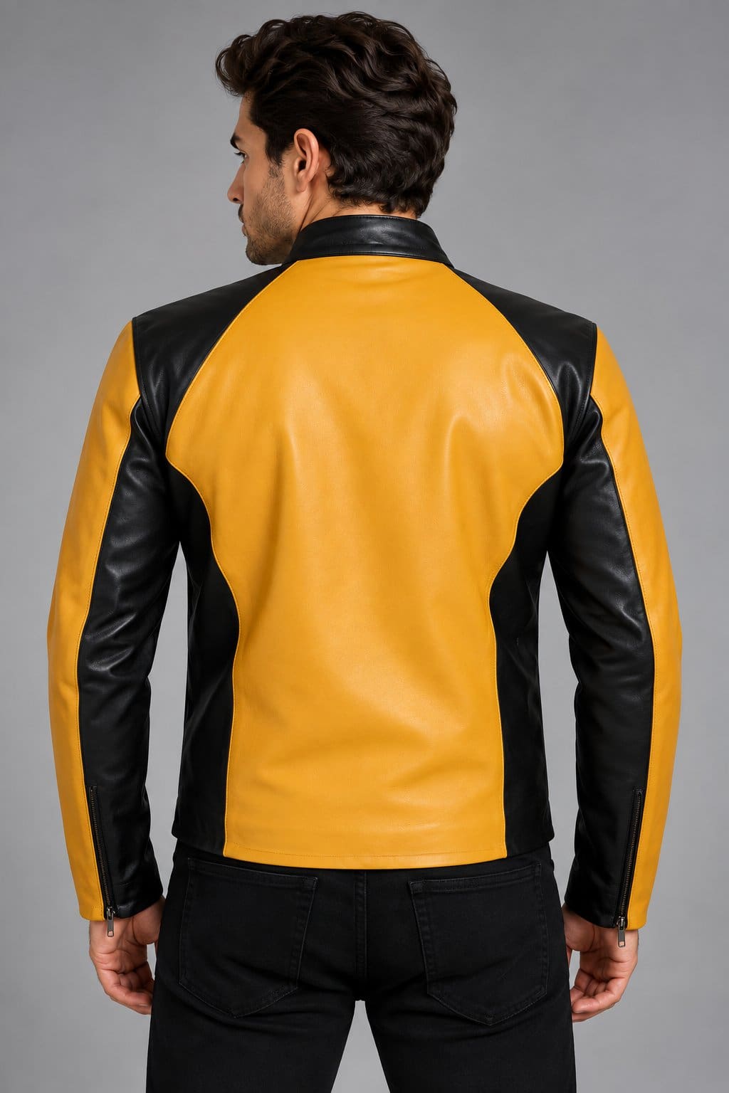 Men’s Black and Mustard Two-Tone Leather Biker Jacket back view by avanzar leather