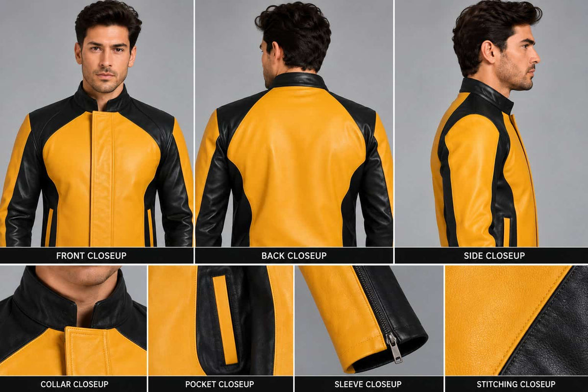 Men’s Black and Mustard Two-Tone Leather Biker Jacket closeup view by avanzar leather
