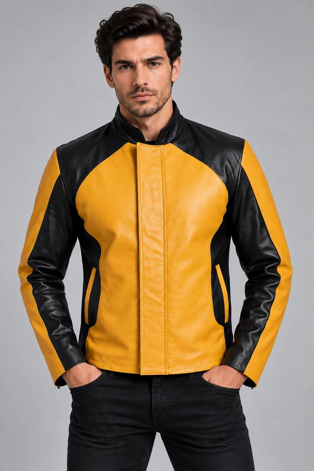 Men’s Black and Mustard Two-Tone Leather Biker Jacket front view by avanzar leather