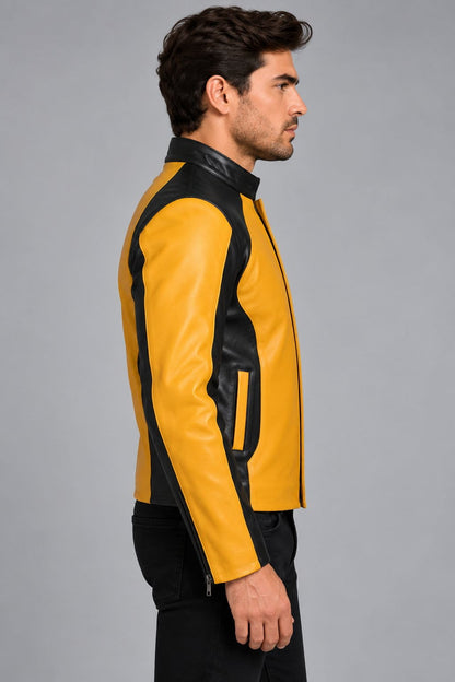 Men’s Black and Mustard Two-Tone Leather Biker Jacket sid view by avanzar leather