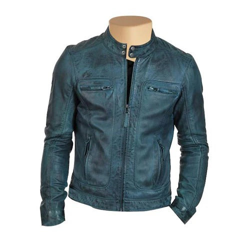 Men’s Blue Distressed Leather Jacket Bold Vintage Style
