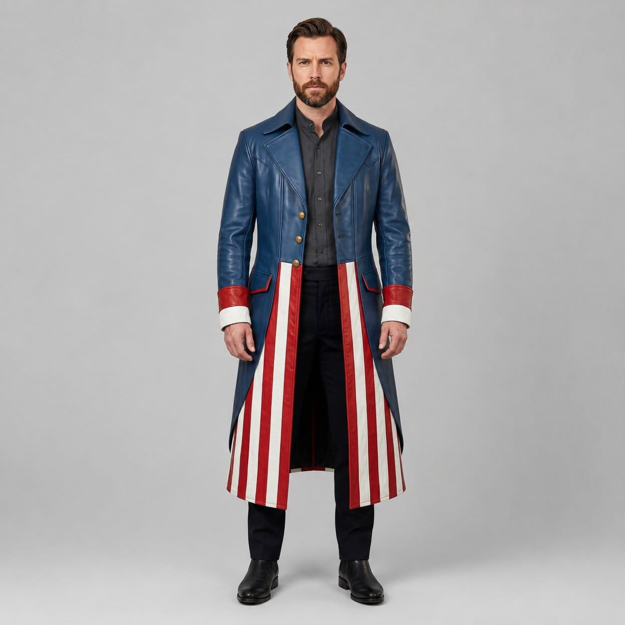 Men's Blue Genuine Leather Long Coat with Patriotic Cosplay Trench Design by avanzar leather