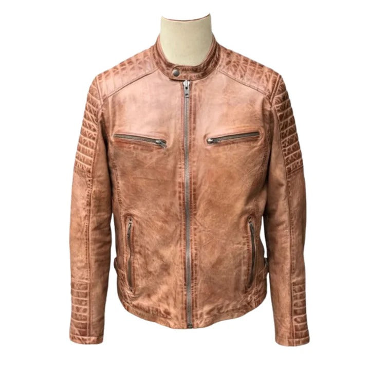 Men’s Brown Distressed Beige Café Racer Leather Jacket