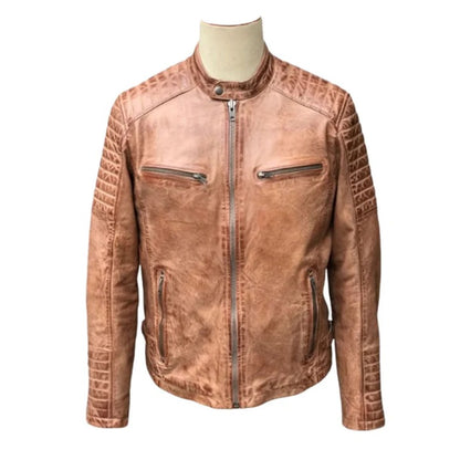 Men’s Brown Distressed Beige Café Racer Leather Jacket