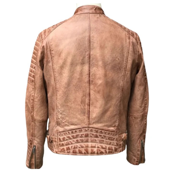 Men’s Brown Distressed Beige Café Racer Leather Jacket