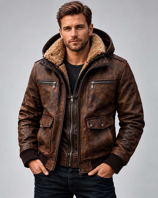 Men's Brown Distressed Hooded Leather Bomber with Faux Fur Lining front view by avanzar leather