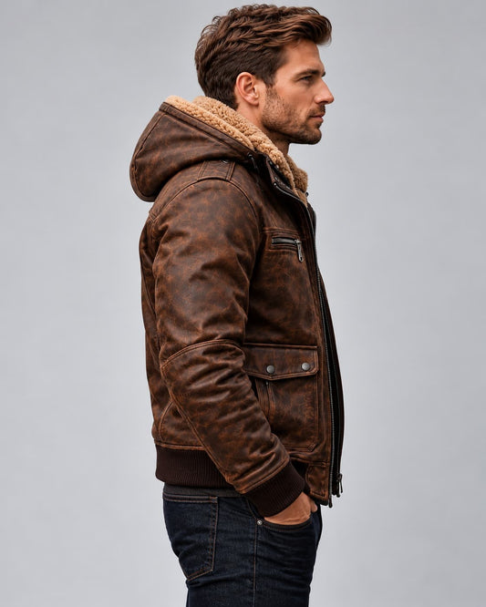 Men's Brown Distressed Hooded Leather Bomber with Faux Fur Lining sid view by avanzar leather
