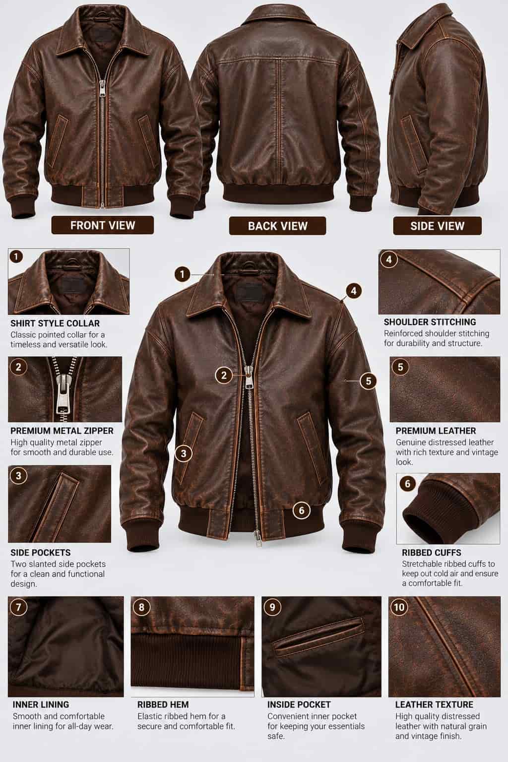 Men's Brown Distressed Oversized Leather Bomber Jacket anatomy view  by avanzar leather