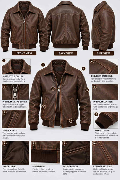 Men's Brown Distressed Oversized Leather Bomber Jacket anatomy view  by avanzar leather