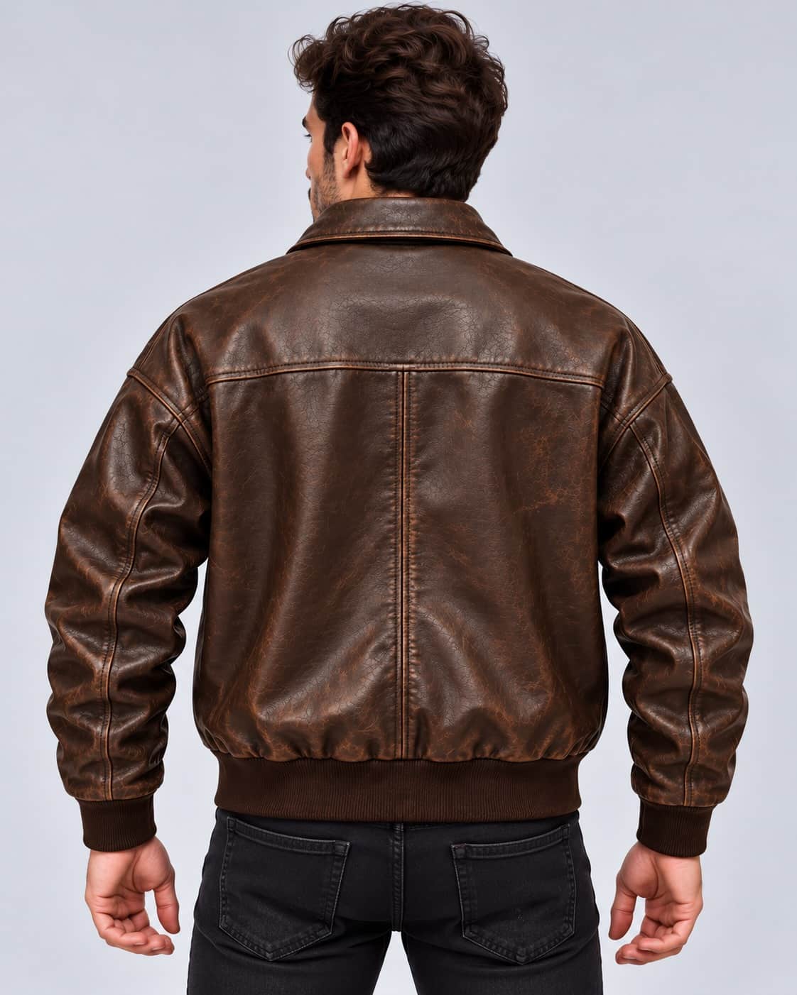 Men's Brown Distressed Oversized Leather Bomber Jacket back view  by avanzar leather