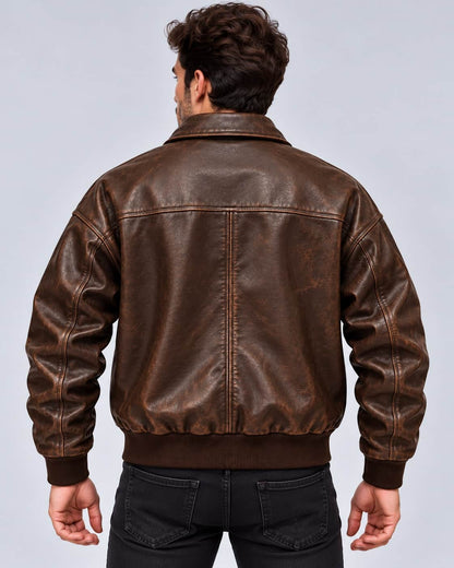 Men's Brown Distressed Oversized Leather Bomber Jacket back view  by avanzar leather