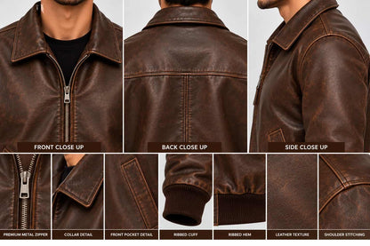Men's Brown Distressed Oversized Leather Bomber Jacket closeup view  by avanzar leather