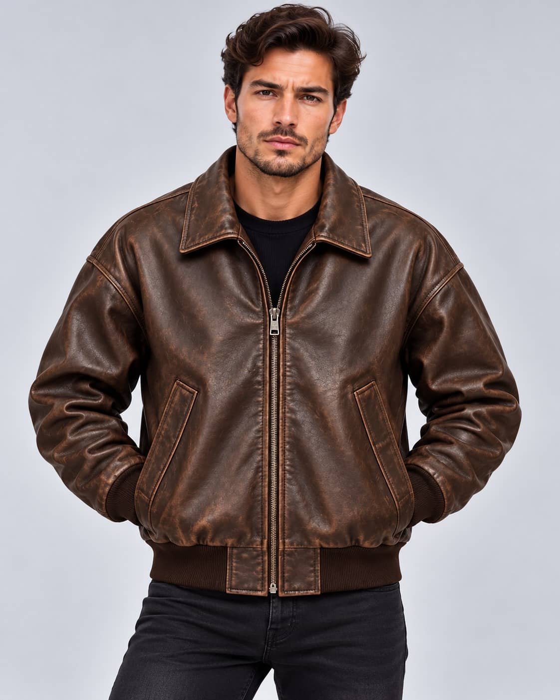 Men's Brown Distressed Oversized Leather Bomber Jacket front view  by avanzar leather
