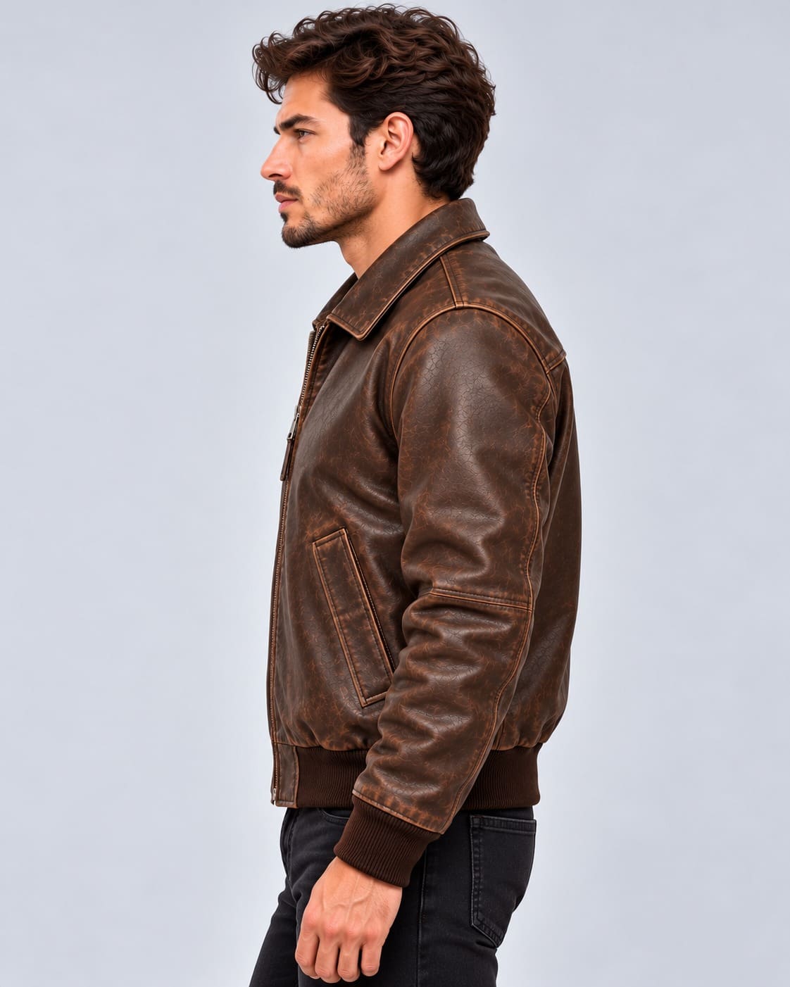 Men's Brown Distressed Oversized Leather Bomber Jacket sid view  by avanzar leather