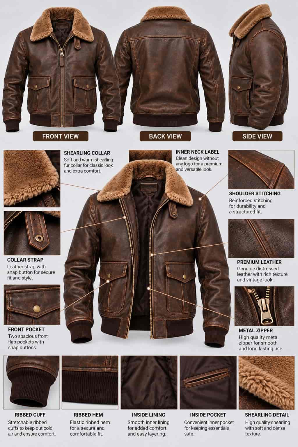Men's Brown Leather Flight Bomber Jacket with Real Sheepskin Fur Collar anatomy view by avanzar leather