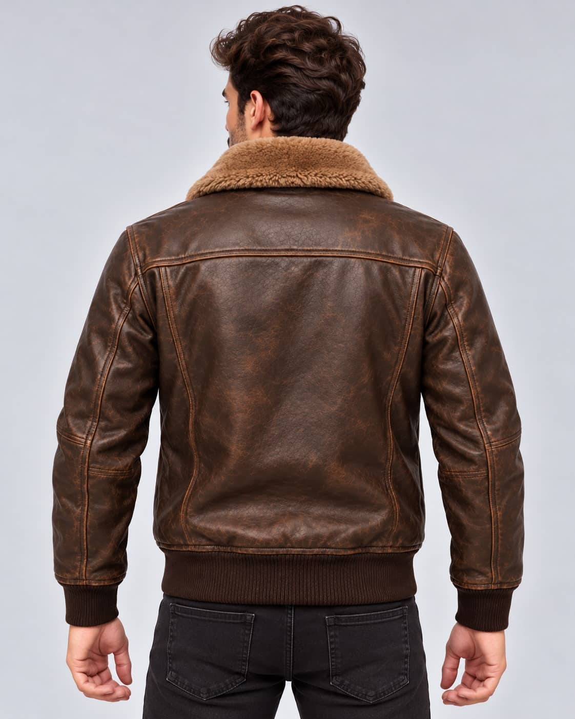 Men's Brown Leather Flight Bomber Jacket with Real Sheepskin Fur Collar back view by avanzar leather