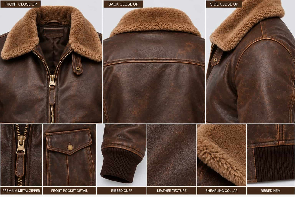 Men's Brown Leather Flight Bomber Jacket with Real Sheepskin Fur Collar closeup view by avanzar leather