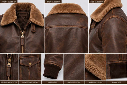 Men's Brown Leather Flight Bomber Jacket with Real Sheepskin Fur Collar closeup view by avanzar leather