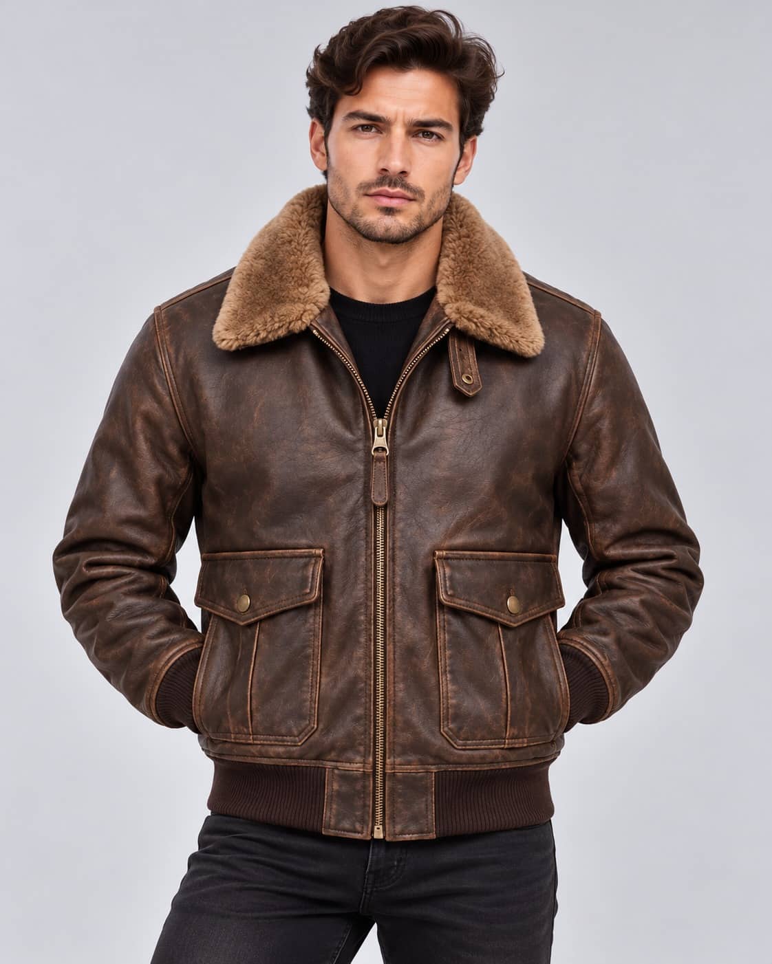 Men's Brown Leather Flight Bomber Jacket with Real Sheepskin Fur Collar front view by avanzar leather