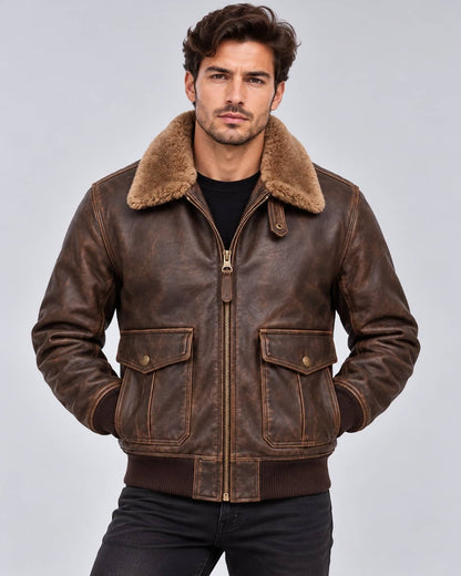 Men's Brown Leather Flight Bomber Jacket with Real Sheepskin Fur Collar front view by avanzar leather