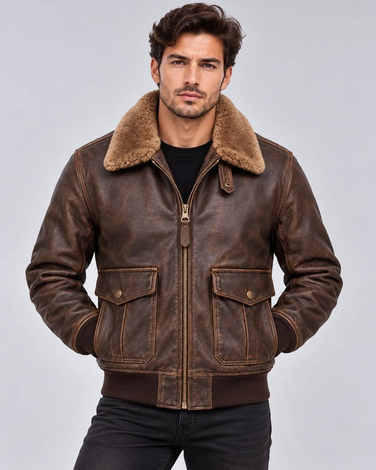 Men's Brown Leather Flight Bomber Jacket with Real Sheepskin Fur Collar front view by avanzar leather