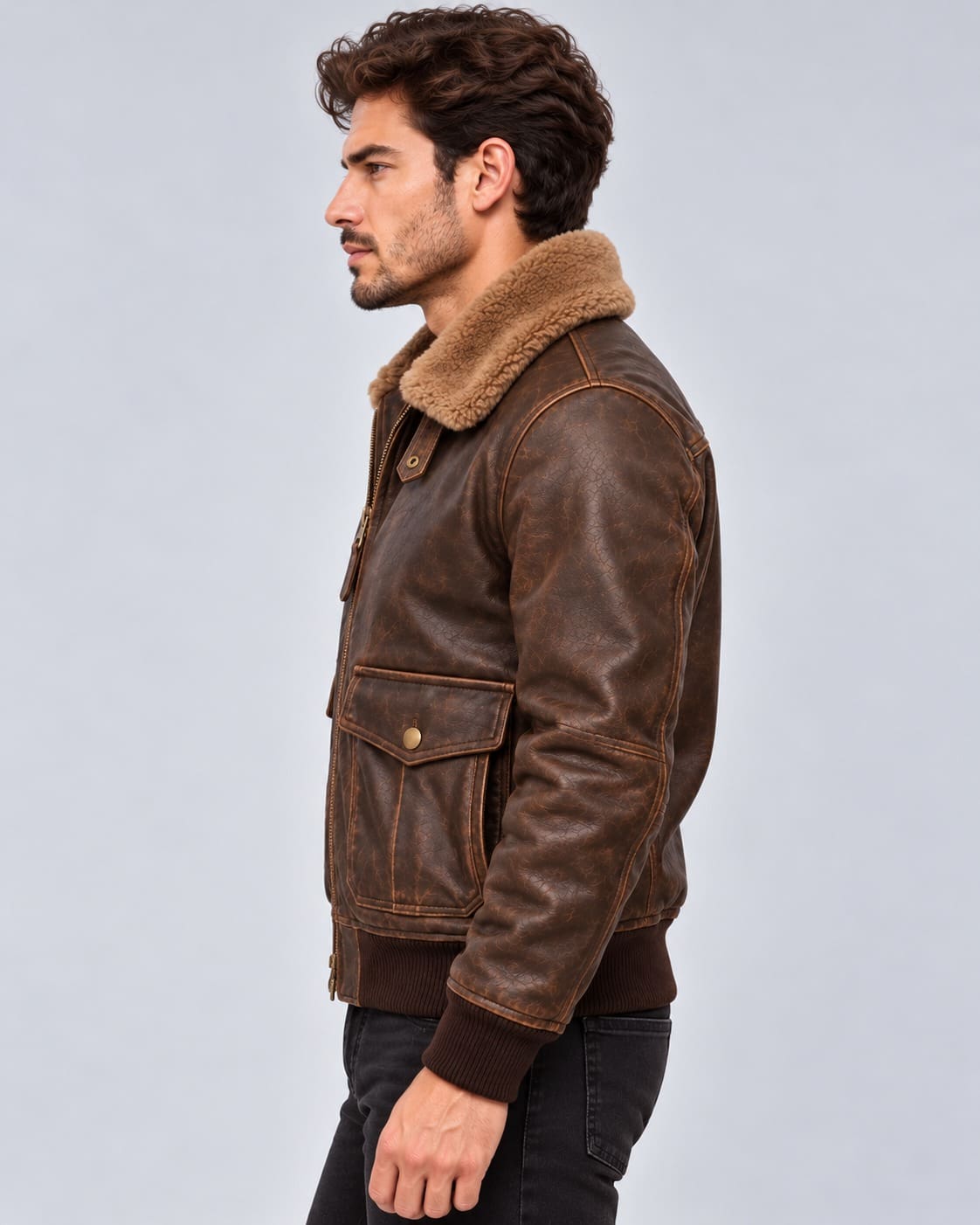 Men's Brown Leather Flight Bomber Jacket with Real Sheepskin Fur Collar sid view by avanzar leather