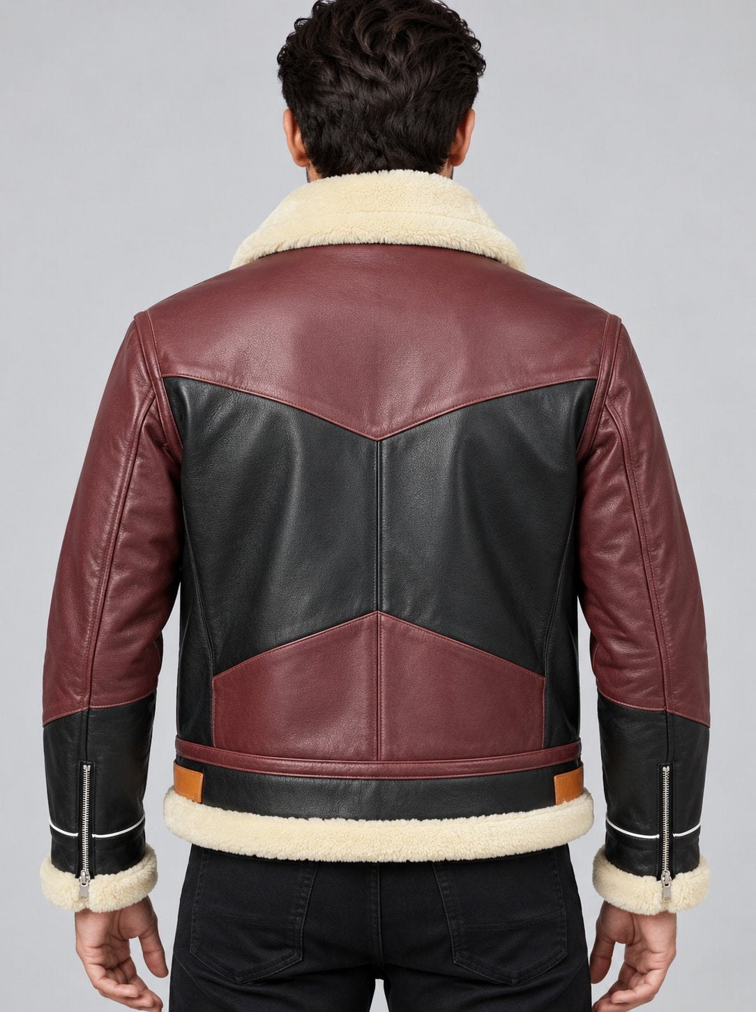 Men’s Burgundy and Black Two-Tone Shearling B3 Leather Bomber Jacket back view by avanzar leather
