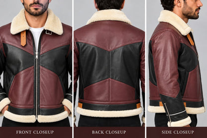 Men’s Burgundy and Black Two-Tone Shearling B3 Leather Bomber Jacket closeup view by avanzar leather
