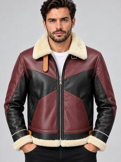 Men’s Burgundy and Black Two-Tone Shearling B3 Leather Bomber Jacket front view by avanzar leather